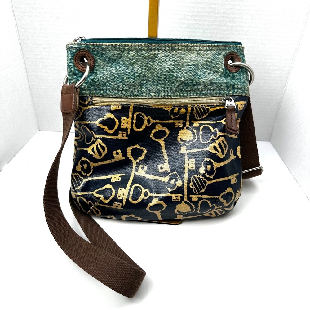 Fossil Key-Per Crossbody Bag Navy Gold Skeleton Key Print Small Purse - Picture 7 of 12